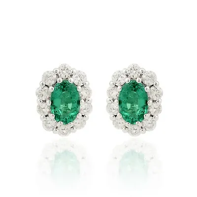 Zambian Emerald Gemstone Halo Stud Earrings SI/H Diamond 14k White Gold 1.55 Tcw • $776.70