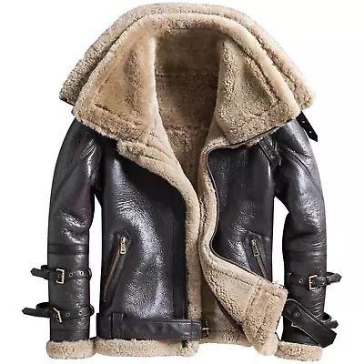 B3 Mens Raf Real Leather Jacket Aviator Sheep Skin Bomber Double Collar Jacket • £109.99