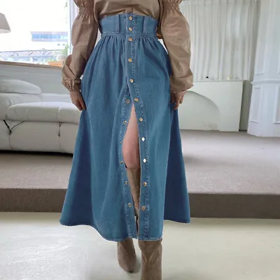 ZANZEA Womens High Waist Denim Jeans Long Skirts Buttons Up Split Skirt  • £19.74