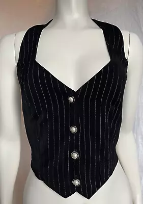 Vintage 90s Vest Top Black Pinstripe Crop Strap Back Jewel Button Gothic M USA • $48