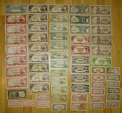 63x JAPAN OCCUPATION 100 10 5 1 1/4 RUPEES DOLLARS Banknotes Burma Malaya Joblot • £19.99