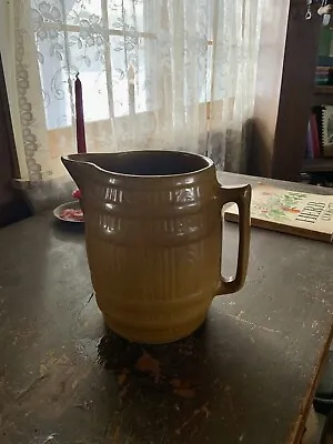 Vintage Early McCoy Mustard Brown Banded Barrel Pitcher 2 1/2 Quarts Stoneware • $29