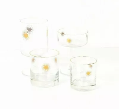 60s Vintage Mid Century Gold Starburst Pattern Bar Glasses Set Of 4 • $62