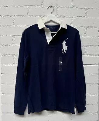 Polo Ralph Lauren M2 Big Pony Rugby Shirt Long Sleeve Custom Fit Navy Small S • £0.99