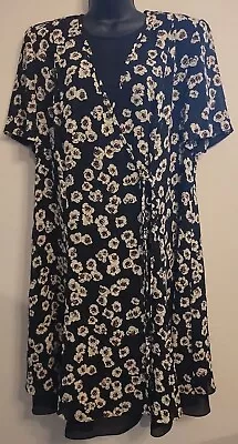 Vintage 80s 90s Dress Floral Deep V Ruffle Lined Wrap Dress -Leslie Fay Size 16W • $34.99