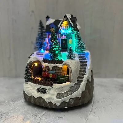 Christmas House And Tree Scene Ornament With Lights Moving Train And Sound • £26.99