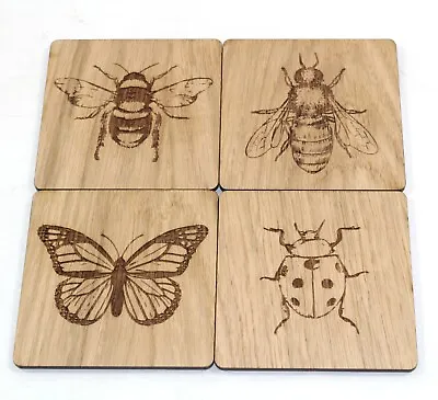 £7.99 • Buy Coasters In Oak Veneer, Insects, Butterfly, Bee, Lady Bird, Bumble Bee Gift X 4