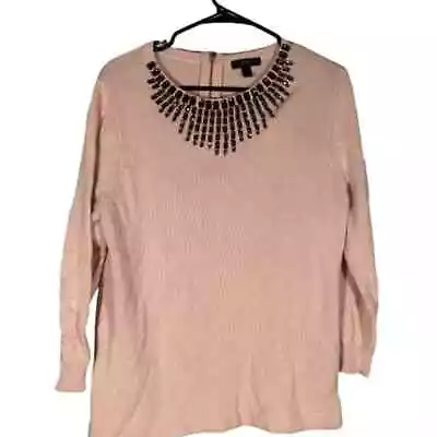 J. Crew Pink Long Sleeve Wool Blend Jeweled Neckline Sweater Women Sz M • $29