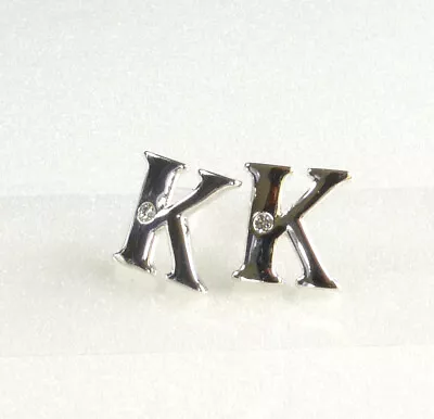 2 Initial Stud Name Letter K Charm Earrings White Gold Plated Simulated Diamond • £13.32