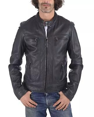 New Leather Jacket Mens Biker Motorcycle Real Leather Coat Slim Fit #589 • $118