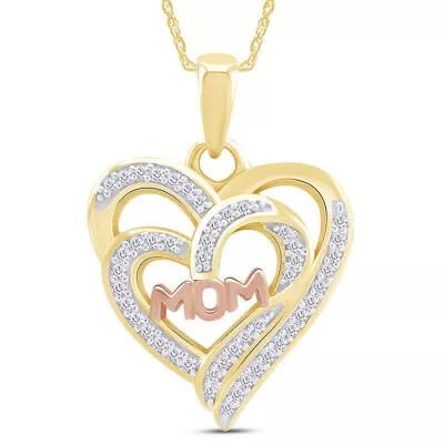 1/7ct Natural Round Diamond Heart With MOM Pendant 14K Yellow Gold Plated Silver • $180.17