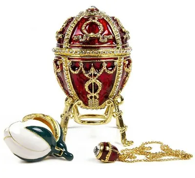 Red Faberge Egg Replica Trinket Box W/ Rosebud And PendantEaster Gift • $55.21