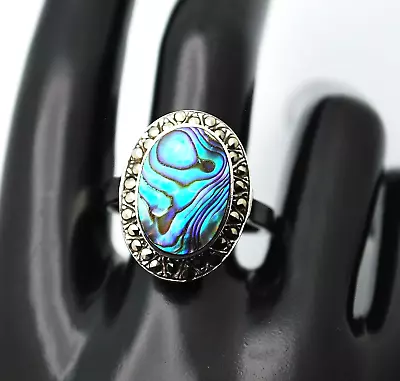 FABULOUS Vintage HUGE 1990's 925 SILVER PAUA Shell & MARCASITE Halo Ring SIZE 13 • $94