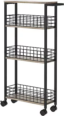 Slim Storage Cart For Small Spaces 4 Tier Mobile Rolling Vintage Brown  • $60.45