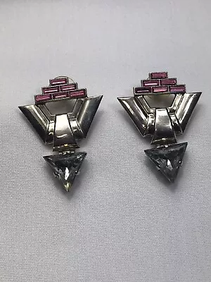 Vintage Pink & Clear Rhinestones Silver Tone Earrings Art Deco GUC VTG 2.75” • $8.41