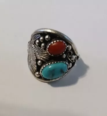  925 Silver Turquoise & Coral Ring Sterling Marked FC Navajo • $63.28