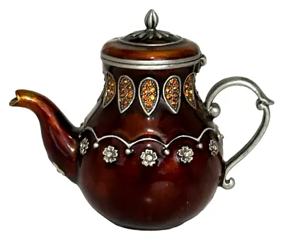 Mini Teapot Hinged Trinket Box Enamel Over Metal Bejeweled Brown • $12.95