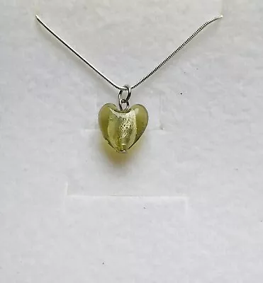 Stunning Olive Green Silver Lined Murano Glass Heart Pendant & 925 Silver Chain • £4.99