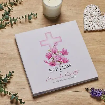 Personalised Baptism Large Linen Cover Photo Album With Pink Cross PLL-51 • £26.99