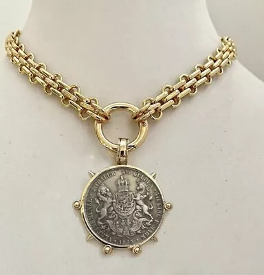 Gold Coin Necklace Pendant Large Statement Chunky Liberty Steampunk Chain Silver • $39.76