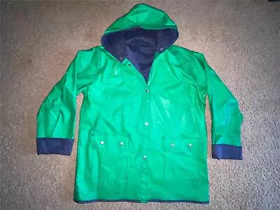 Vtg 80s Mens Large Green Blue Pvc Reversible Hooded Button Rain Coat Jacket • $81.53