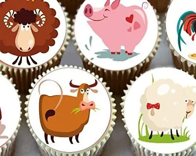 Farmyard Animals Pre-Cut Round Cup Cake Topper Decorations • £3.99