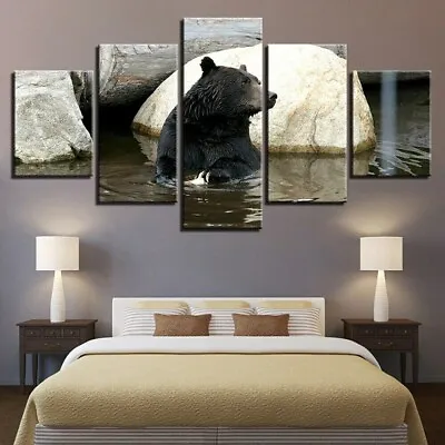 Black Bear In Water Lake 5 Piece Canvas Print Wall Art Poster Home Decoration • $161.80