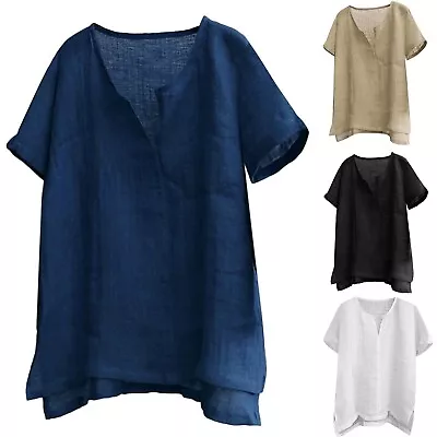 Summer Men Cotton Linen V Neck T Shirt Short Sleeve Blouse Casual Loose Tops Tee • $10