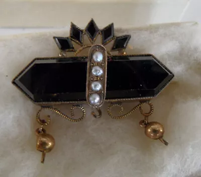 Antique Victorian Mourning Jewelry BROOCH PIN Gold Filled Seed Pearls Black Onyx • $99.95