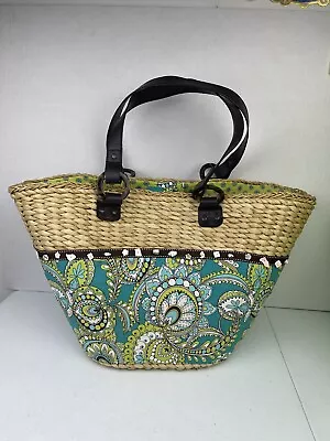 Vera Bradley Peacock Blue Green Floral Wicker Tote Bag Large Mod Straw Shopper • $43.99