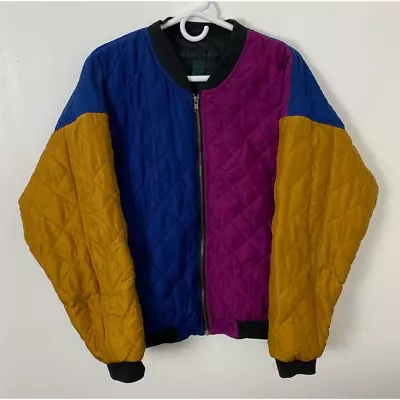 VTG Women Santana 100% Silk Colorblock Quilted Bomber Jacket Coat M • $31.99