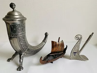 Set Of3 Aksel Holmsen Pewter Drinking Horn Viking Boat And Pen Holder • $99