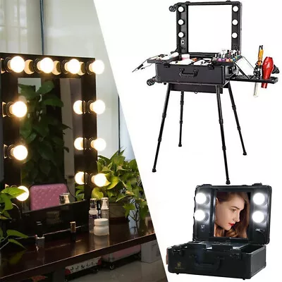  Rolling Artist Makeup Station Cosmetic Salon Hairdresser Trolley Case LED Light • £239.93