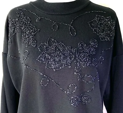 Vintage 80s EXTRAVAGANZA Black With Black Sequin Pattern Fleece Sweater SZ L • $22