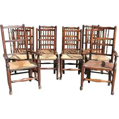 Antique Harlequin Set 10 English Yorkshire Oak & Elm Spindleback Chairs C. 1800 • $2100