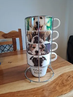 £12 • Buy NEXT Set Of 4 Stacking China Mugs In Stand Sleepy Cool Happy Grumpy Dogs 