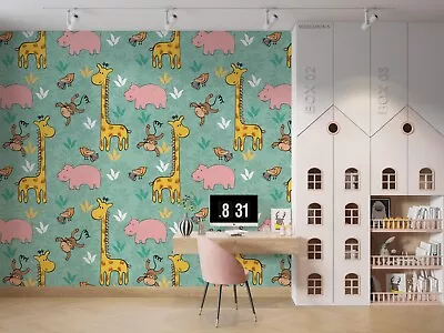 3D Cartoon Animal Hippo Giraffe Green Wallpaper Wall Murals Removable Wallpaper • $26.10