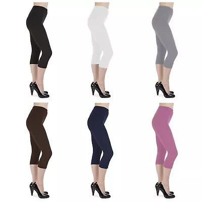 Womens Ladies Plain 3/4 Cropped Stretch Leggings Sizes 6-24 Plus Size Pants • £6.45
