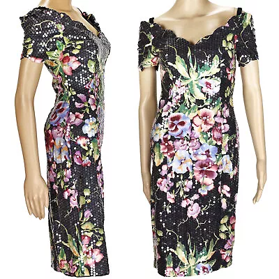 80s 90s Vintage Expo Dress Black Floral + Sequin Cottagecore Pinup Party Prom 4 • $84.99