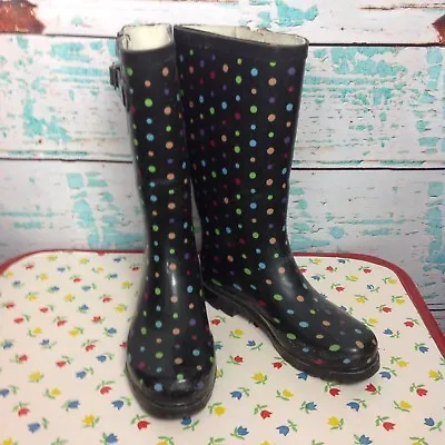 Merona Black Polka Dot Tall Rain Boots Sz 6 Galoshes Rubber Wellies Shoes Womens • $24.50