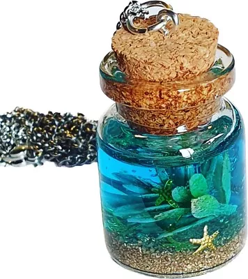 $12.32 • Buy Handmade OCEAN LIFE NECKLACE Cute GLASS BOTTLE Jar STARFISH Aqua PLANTS Sand SEA