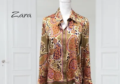 Zara Paisley Mixed Print Silky Button-up Collared Blouse Size Large • $33.99