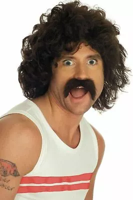 Mens Brown Wig And Tash 80s Curly Hair & Moustache For Scouser Fancy Dress • £14.99