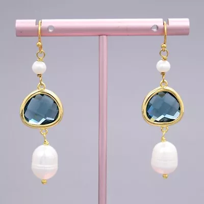 Freshwater Cultured White Rice Pearl Blue Glass Gold Plated Hook Earrings • $2.99