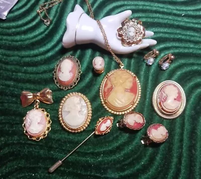 Vintage - Present Gold Tone Cameo Lot Brooch Earrings Necklaces Tie Tac • $34.99