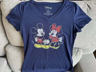 DISNEY Women's T-Shirt Size Small Blue Minnie And Mickey Mouse V-Neck S • $10