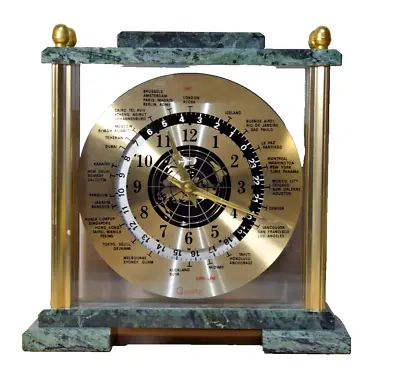 Green Marble And Brass World Mantel Clock Quartz Airplane Hand • $49.95