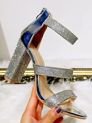 New Womens Ladies Diamante High Heel Strap Open Toe Party Wedding Sandals Shoes • £15.19