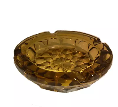 Vintage 1970’s Ashtray Amber Glass Round Starburst 6  Wide Heavy • $14.19