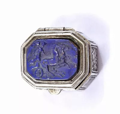 Vintage Sterling Silver Glass Lapis Cameos Intaglios Nike On Biga Snuff Pill Box • $350